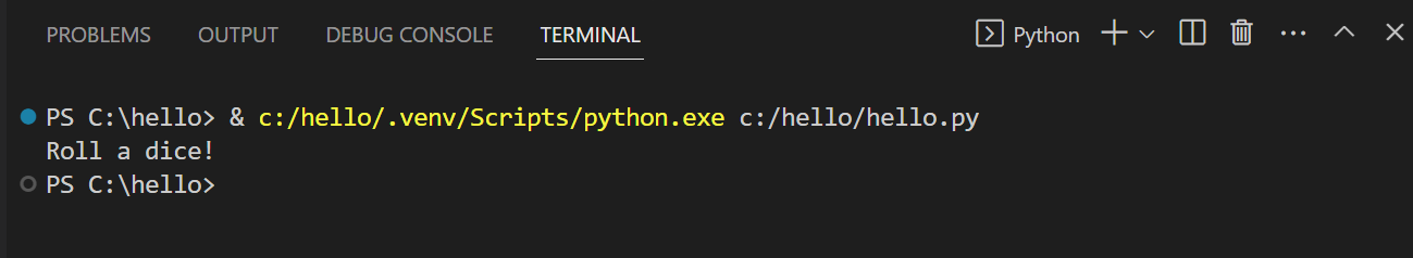 Terminale VS Code con output